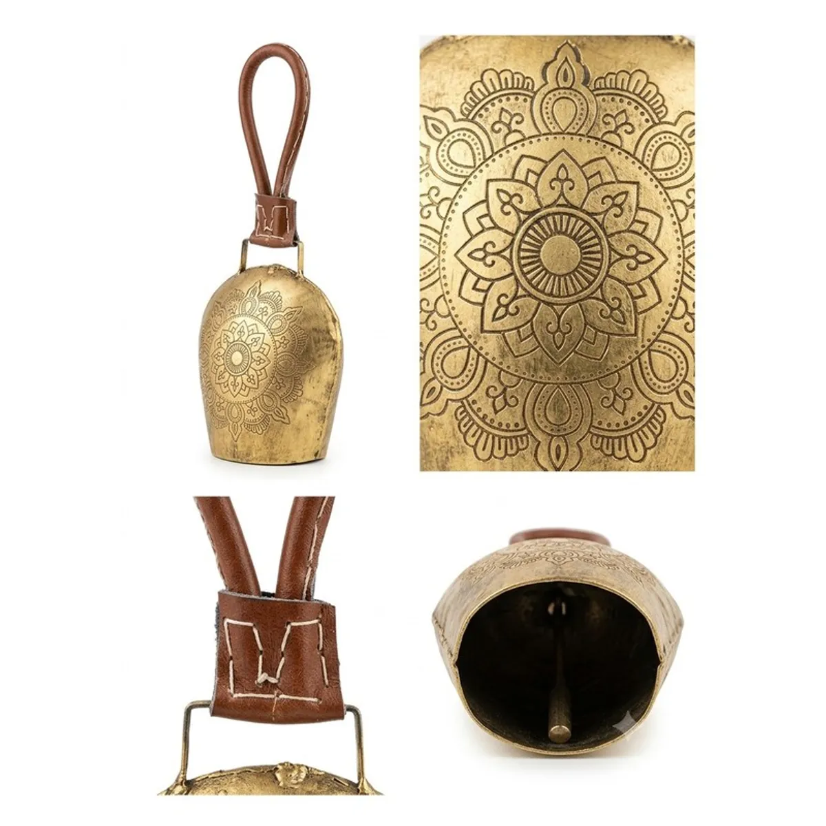 Collage showing the hanging bell, mandala detail, leather loop and bell interior