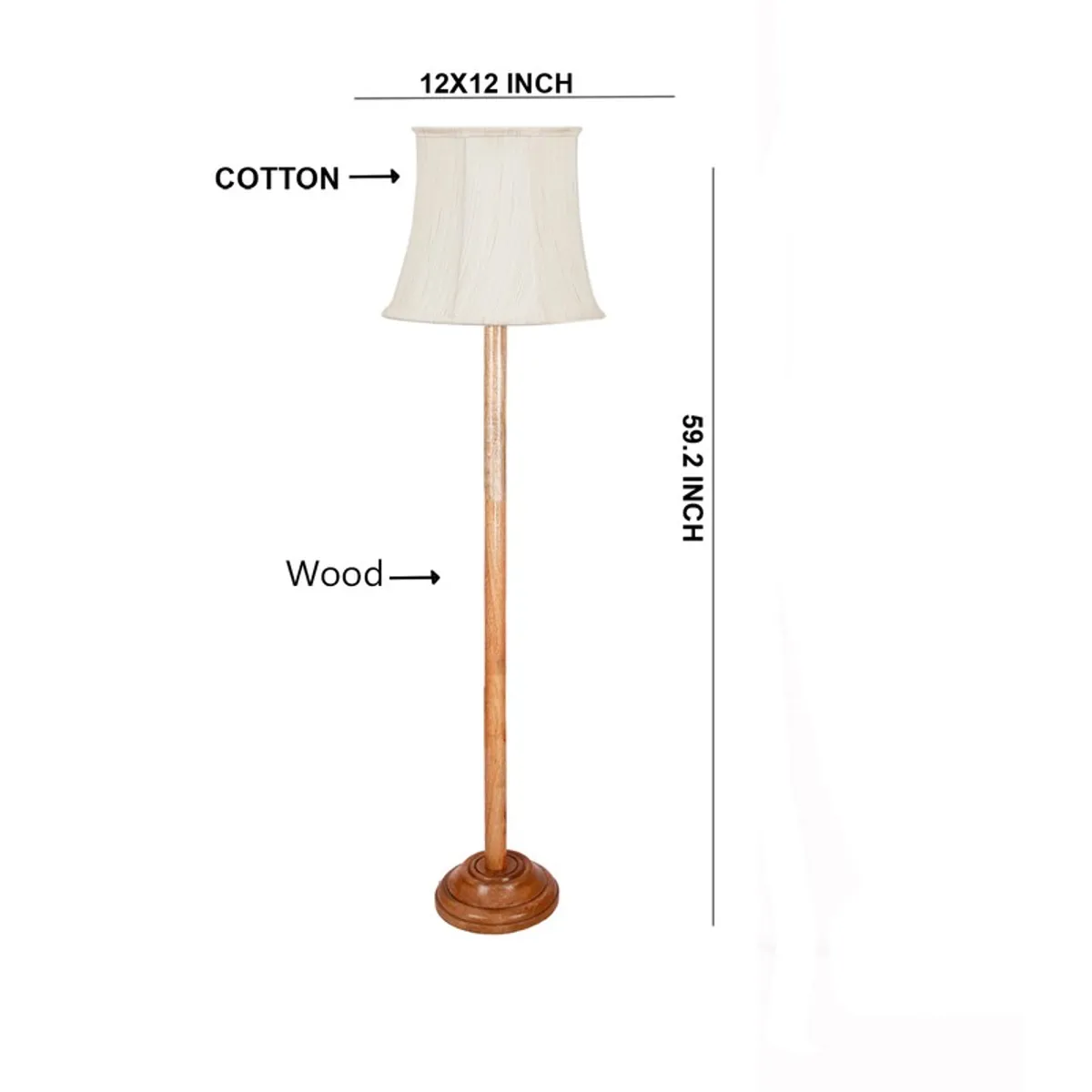 Wooden floor lamp with white shade shown in a dimension-style product graphic