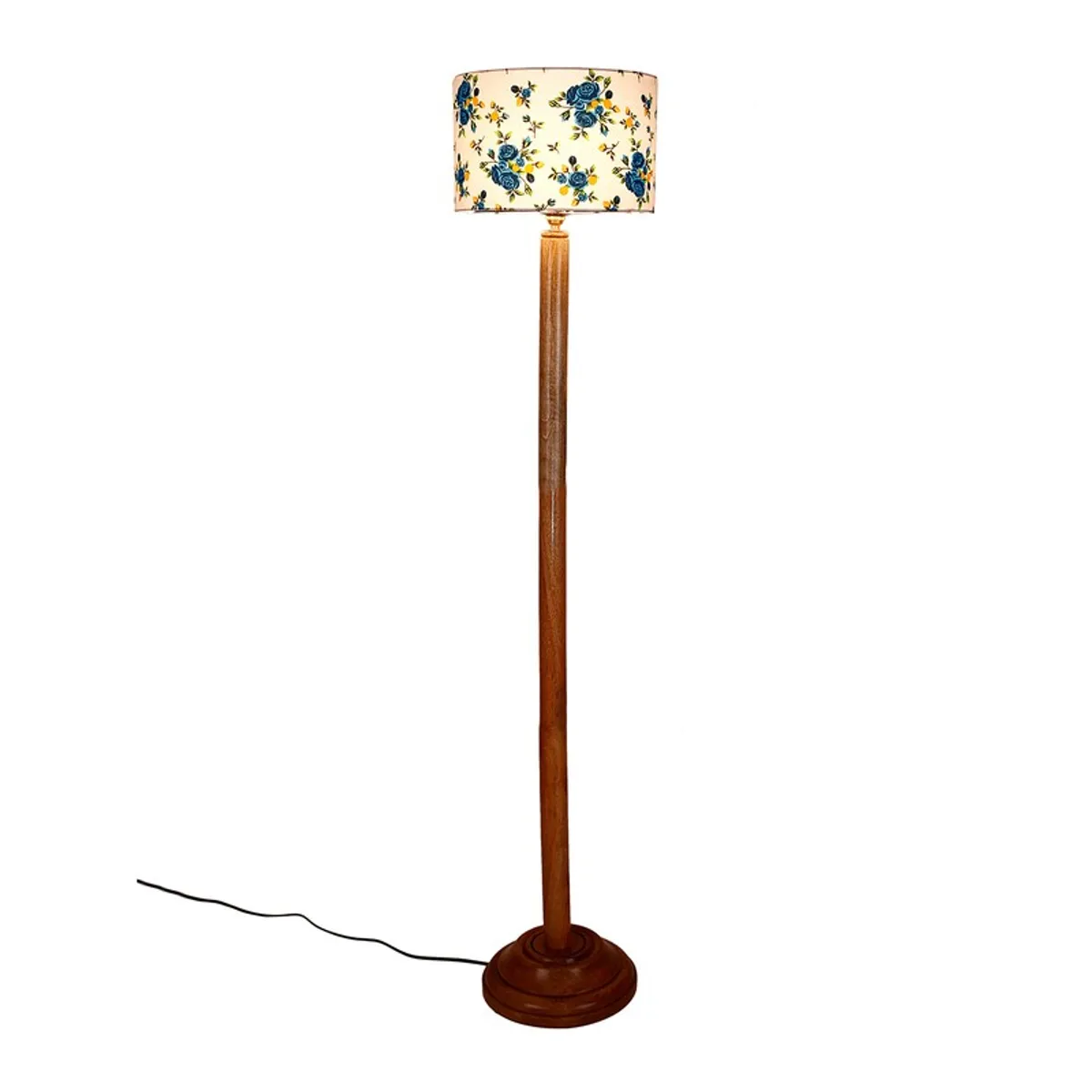 Full view of wooden floor lamp with blue floral drum shade on white background