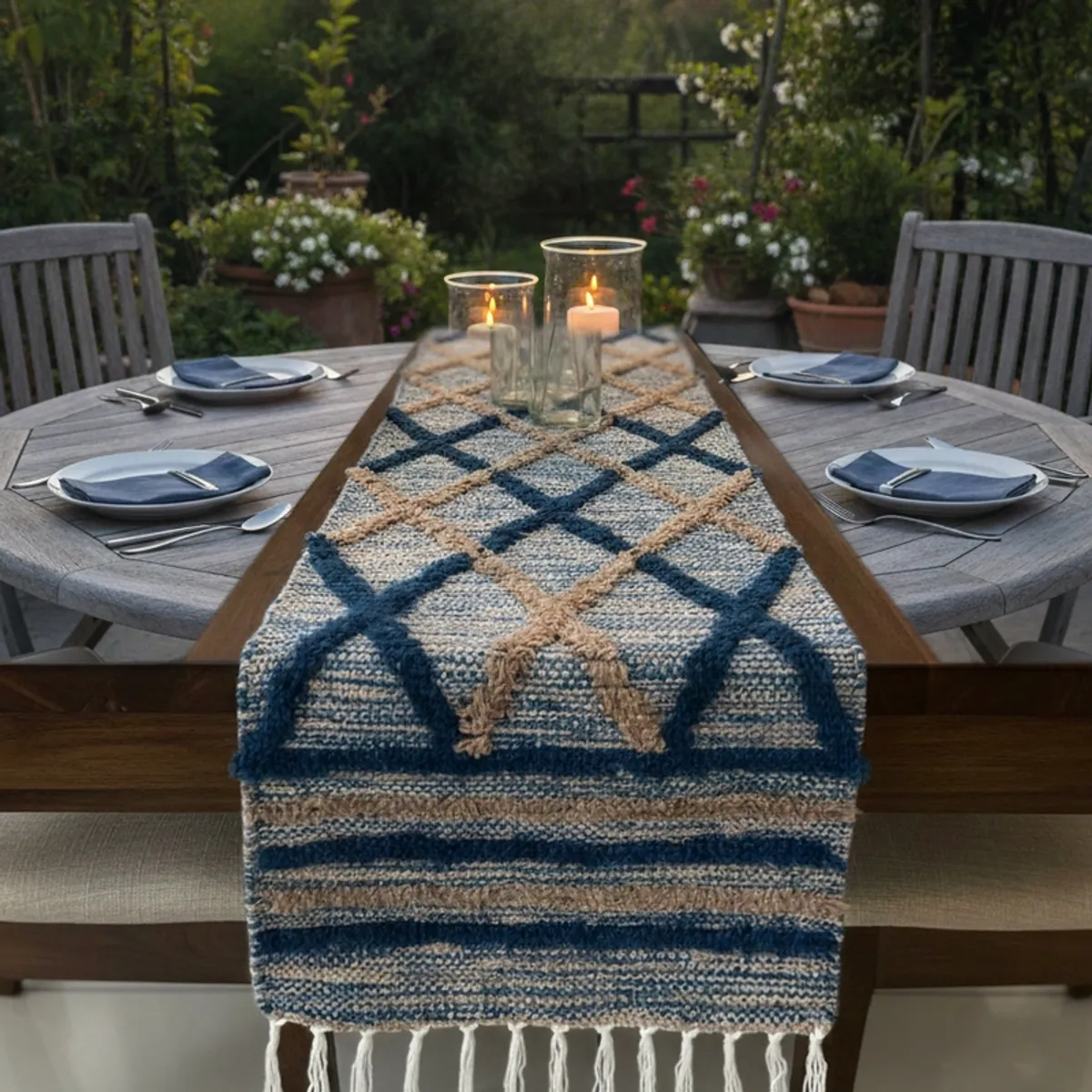 Blue and beige geometric table runner arranged on an outdoor dining table