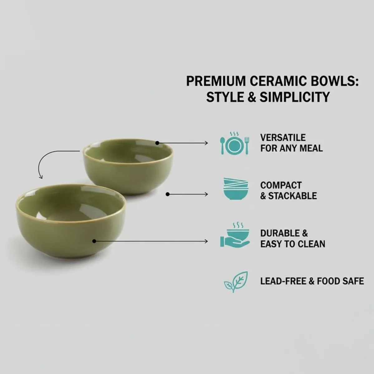 Two green ceramic bowls shown with feature icons on a plain background