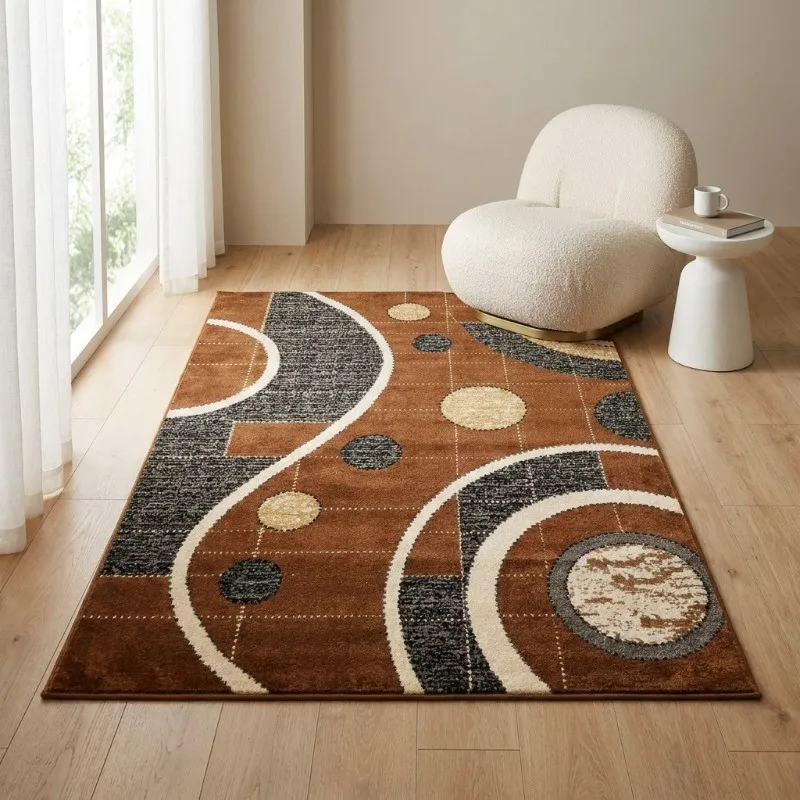 Maroon abstract rectangular carpet placed in a light-toned room