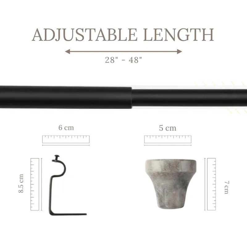 Extendable black curtain rod with close-up views of bracket and urn finial