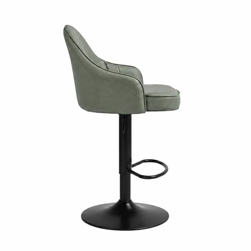 Side view of a grey upholstered bar chair with black pedestal base and footrest
