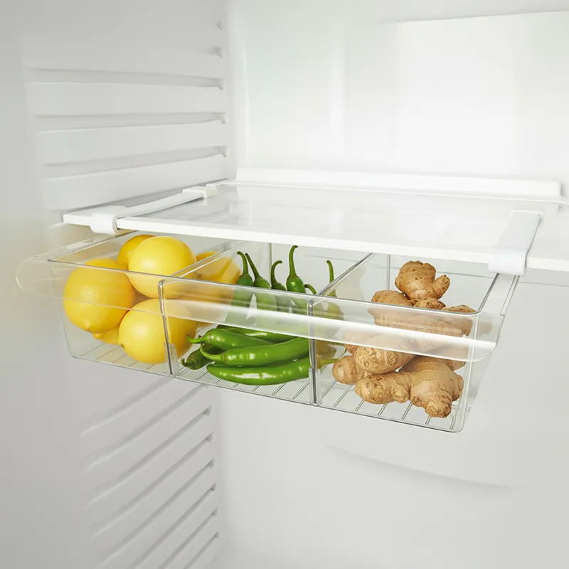 Clear organiser holding lemons, chillies and ginger beneath a fridge shelf