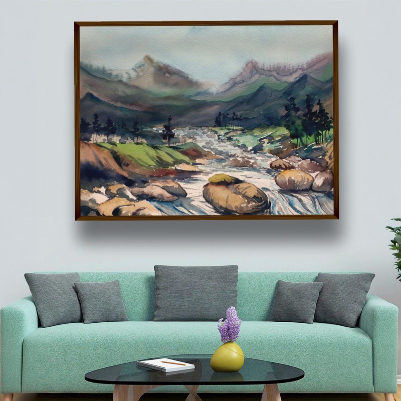 Watercolor Mountain River Canvas Wall Painting