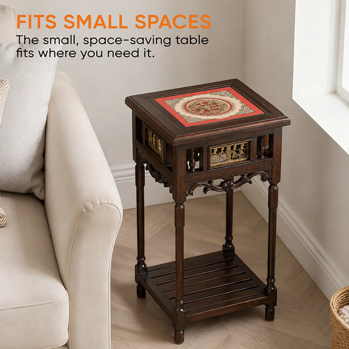 Compact dark wood side table placed beside a sofa