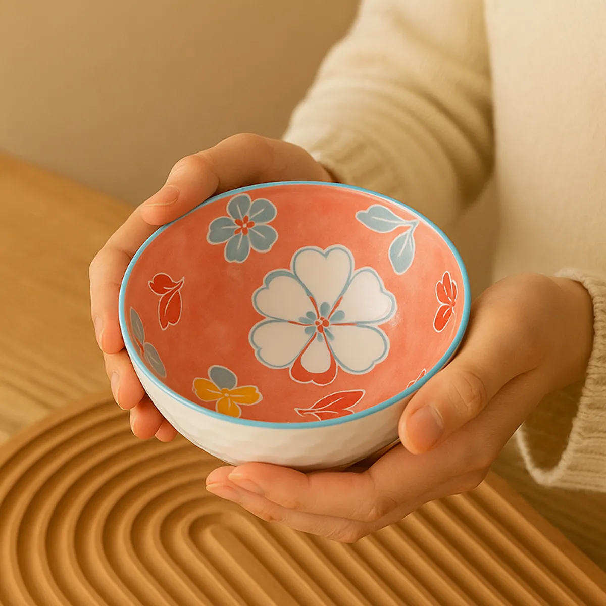 Coral floral ceramic bowl held in both hands