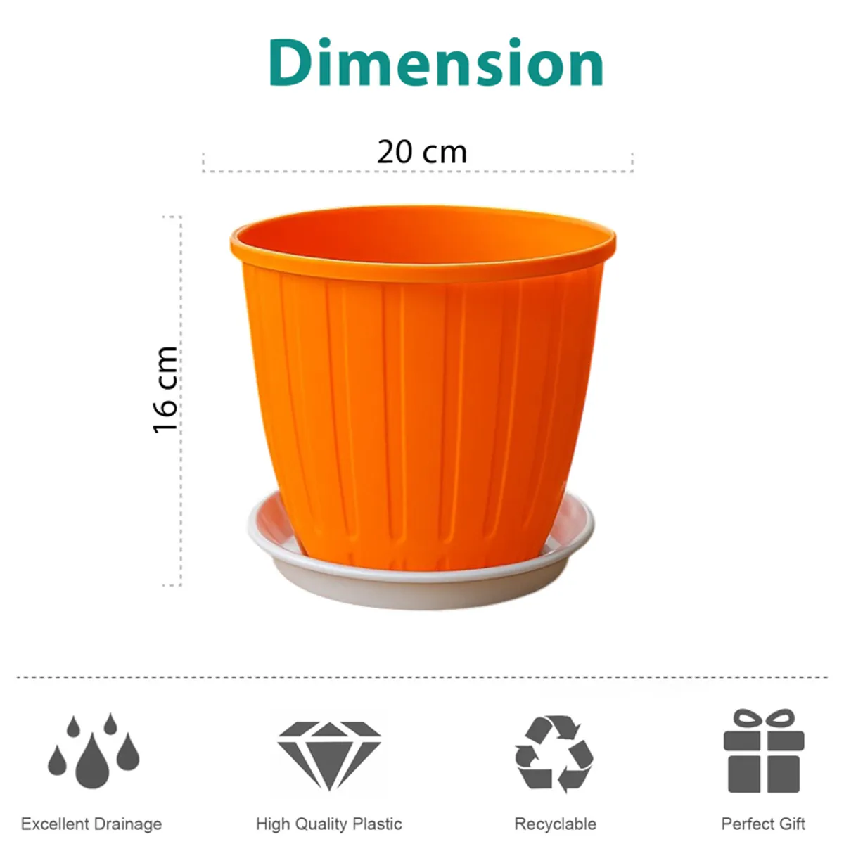 Orange planter with white tray shown beside dimension markings