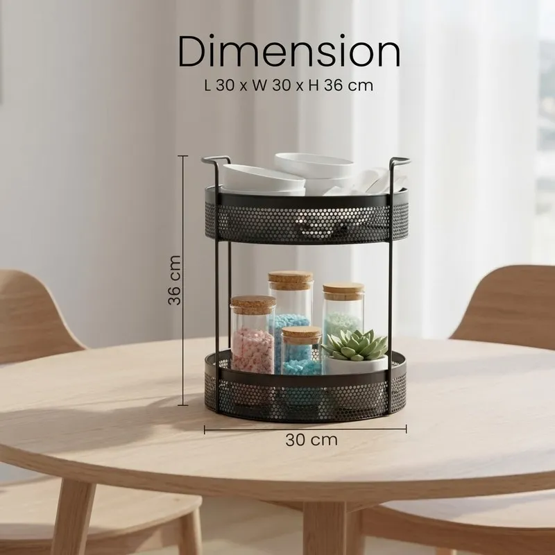 Black two-tier organiser displayed with storage items on a dining table