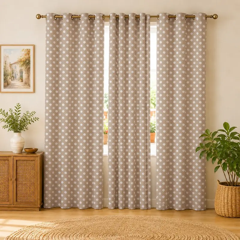 Star World Printed Cotton Curtains (Beige) - Set of Three