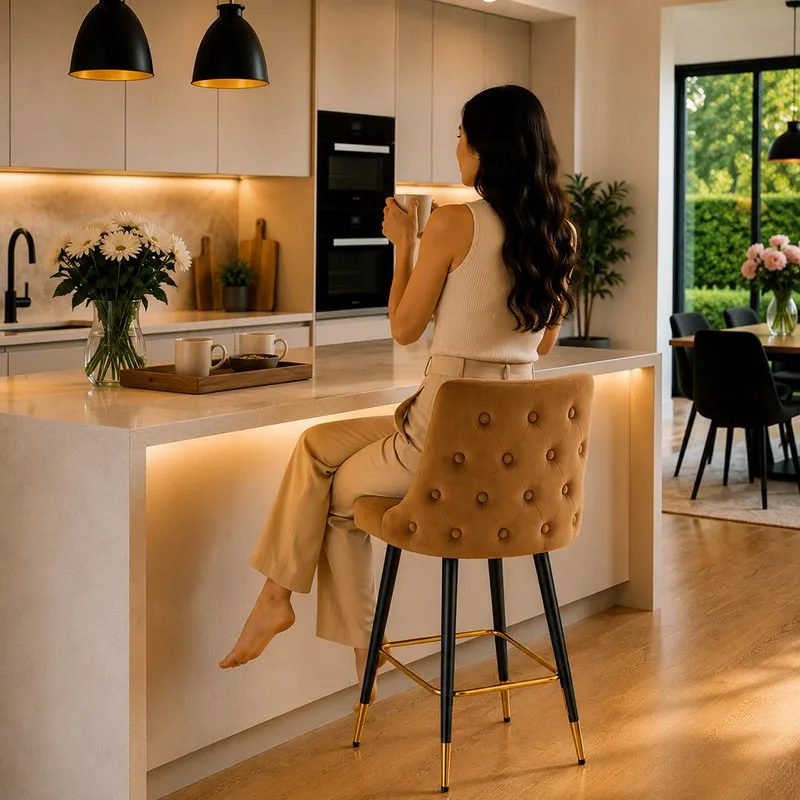 Brown tufted bar chair shown at a kitchen island with black legs and gold-toned accents