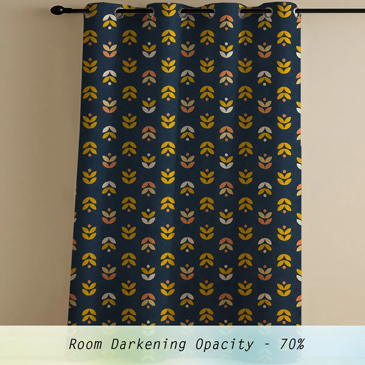 Single blue patterned curtain panel hanging from a rod