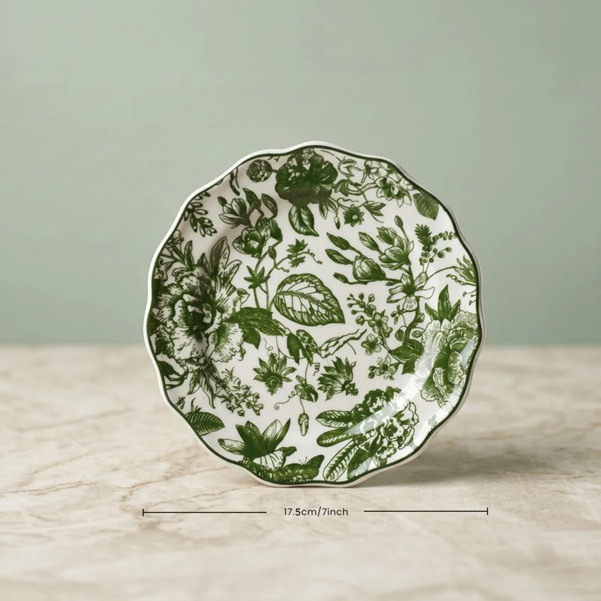 Single glossy quarter plate with green floral botanical pattern