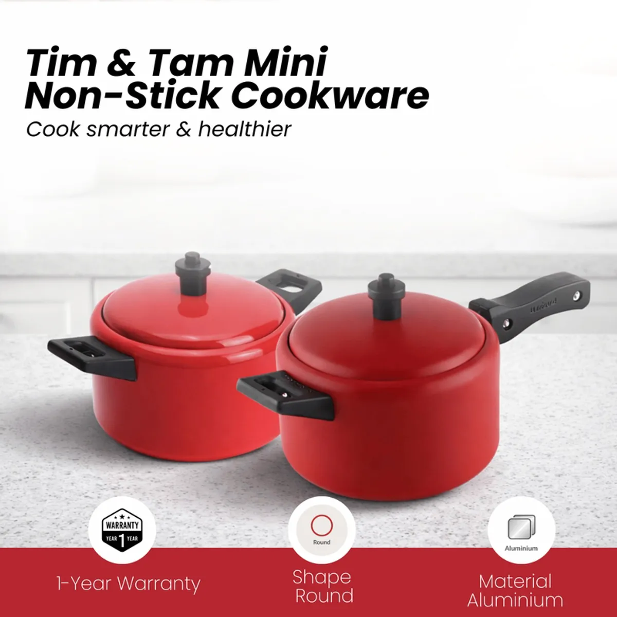 Two red non-stick cookware pieces shown on a white kitchen counter