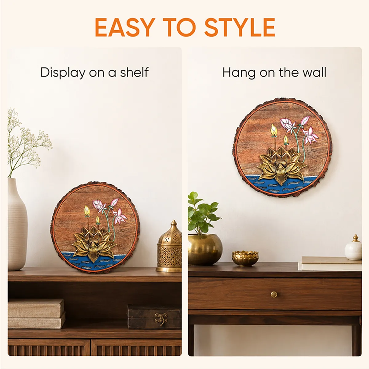 Mango wood lotus accent displayed on a shelf and mounted on a wall.