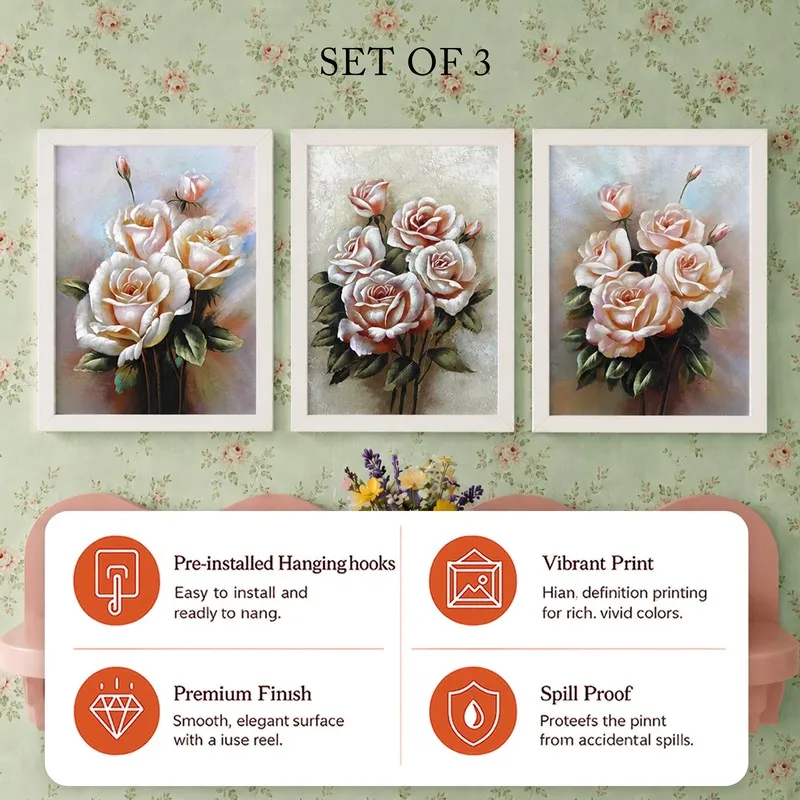 Three framed rose paintings shown together in a coordinated wall art set