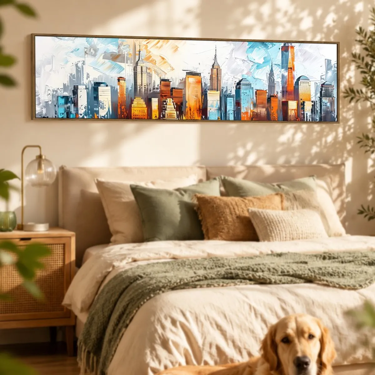 Panoramic cityscape wall art hung above a softly styled bed in a sunlit bedroom.