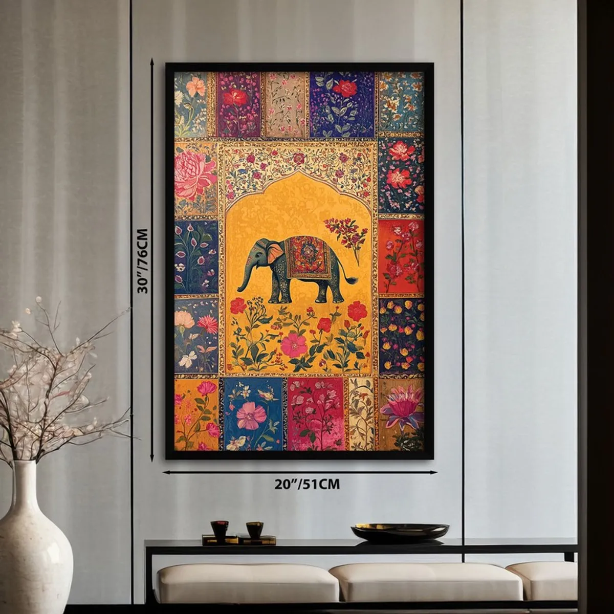 Rectangular elephant wall art with floral detailing shown above a console setting