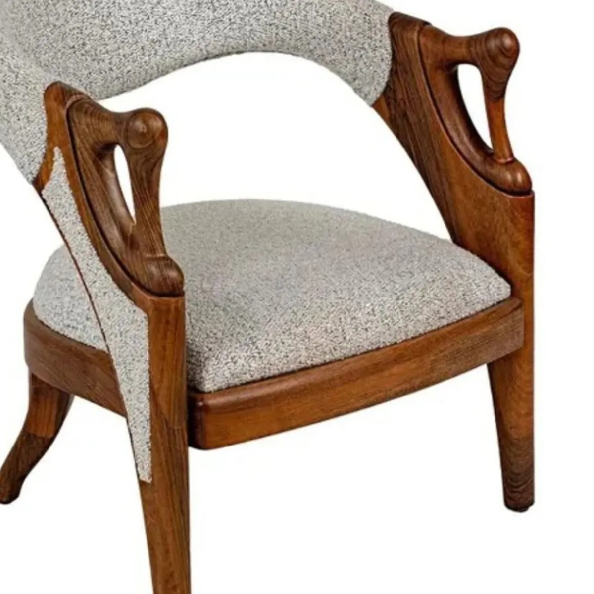 Close-up of the grey seat and curved brown wooden arms