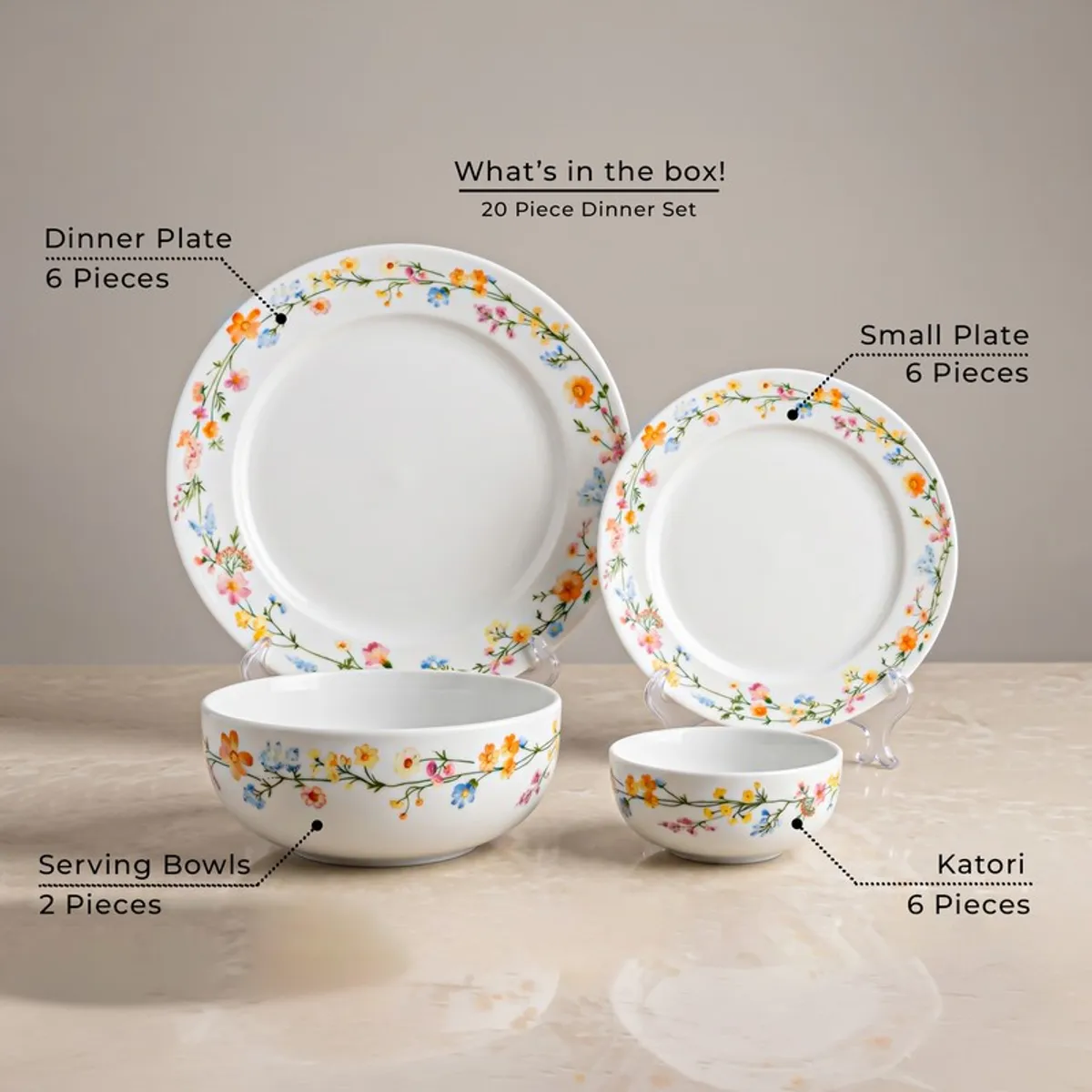 Floral dinnerware set with large plate, small plate, serving bowl and katori