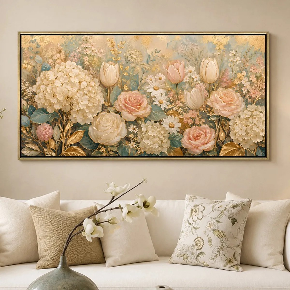 Large floral canvas wall art styled above a sofa in a neutral room