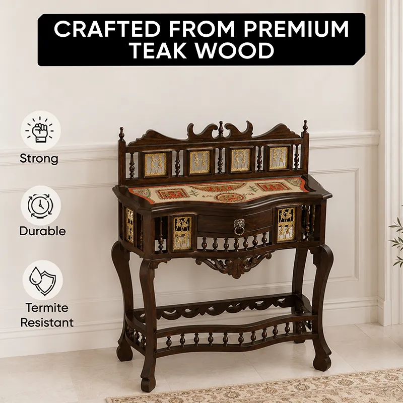 Angled view of dark wood console table with decorative panels and curved legs