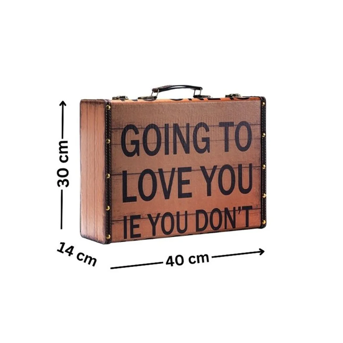 Brown suitcase-style storage box shown with dimension arrows on a white background