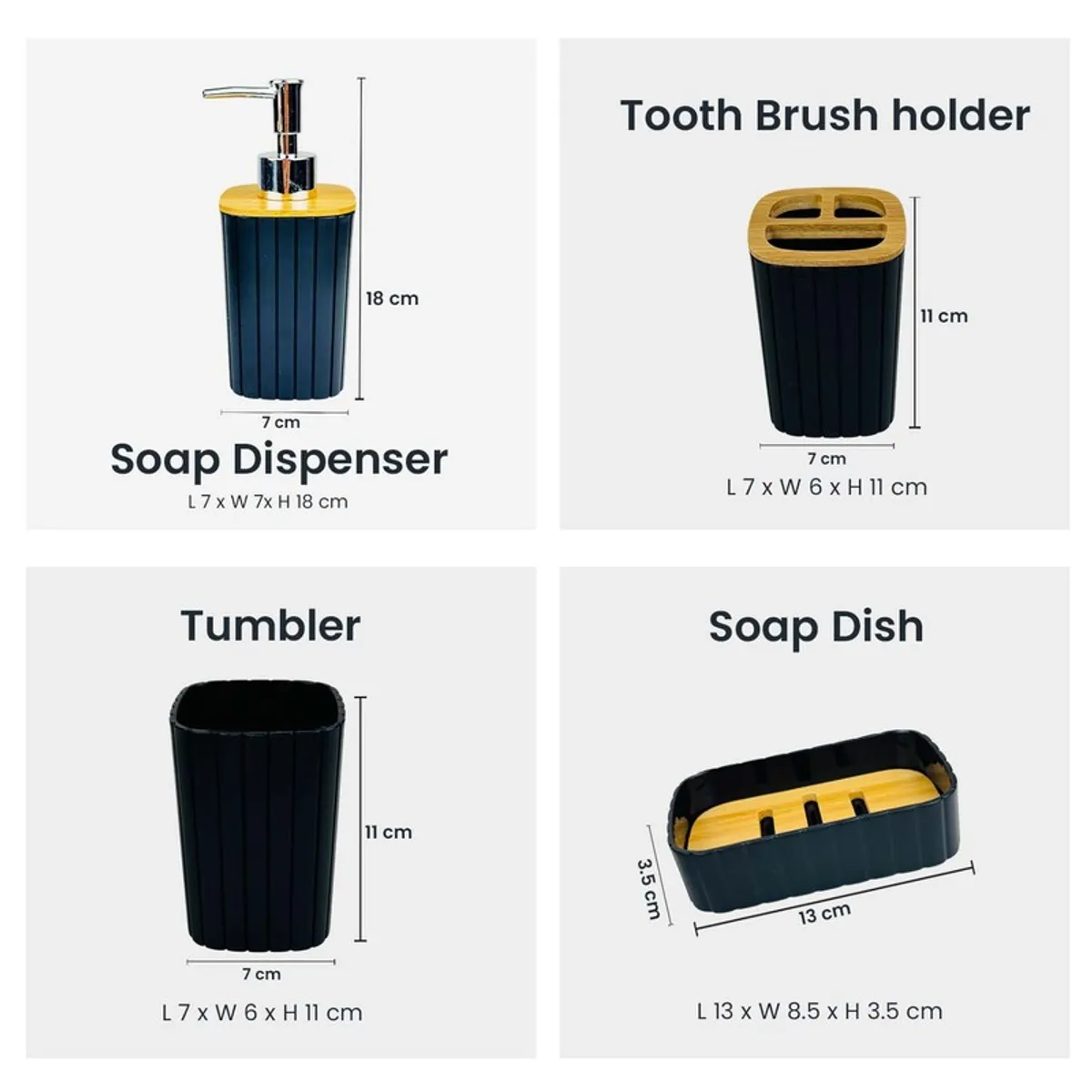 Dimension reference images for the soap dispenser, toothbrush holder, tumbler and soap dish.