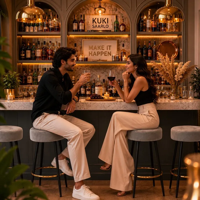 Grey round bar stools placed at an elegant home bar counter