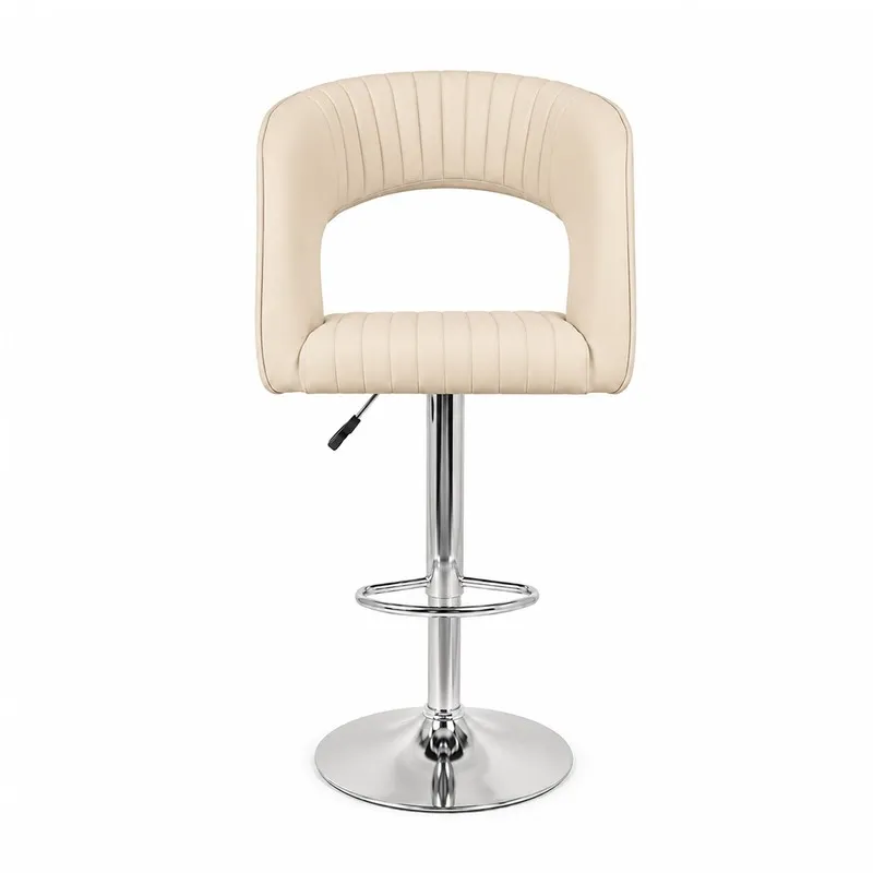 Front view of off white upholstered bar chair with chrome base and footrest