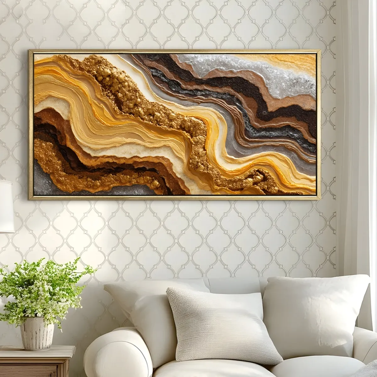 Gold and brown abstract geode wall painting displayed above a white sofa