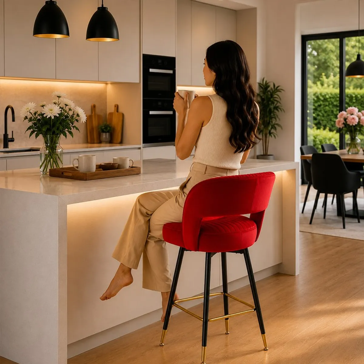 Person seated on a red velvet bar stool at a kitchen island