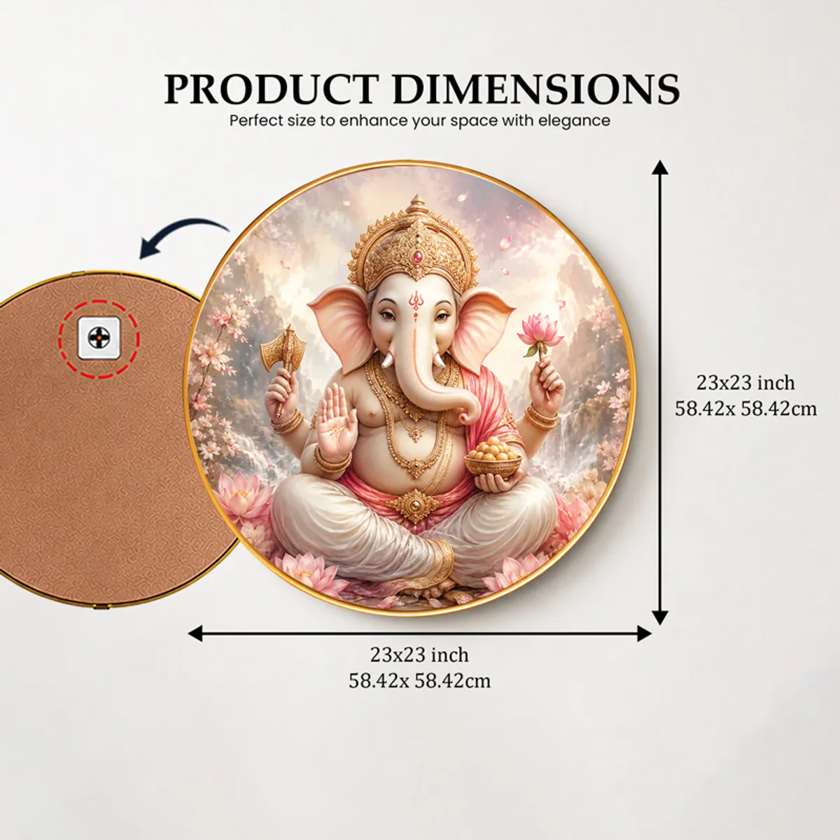 Round Ganesha wall art dimension graphic with front and back views