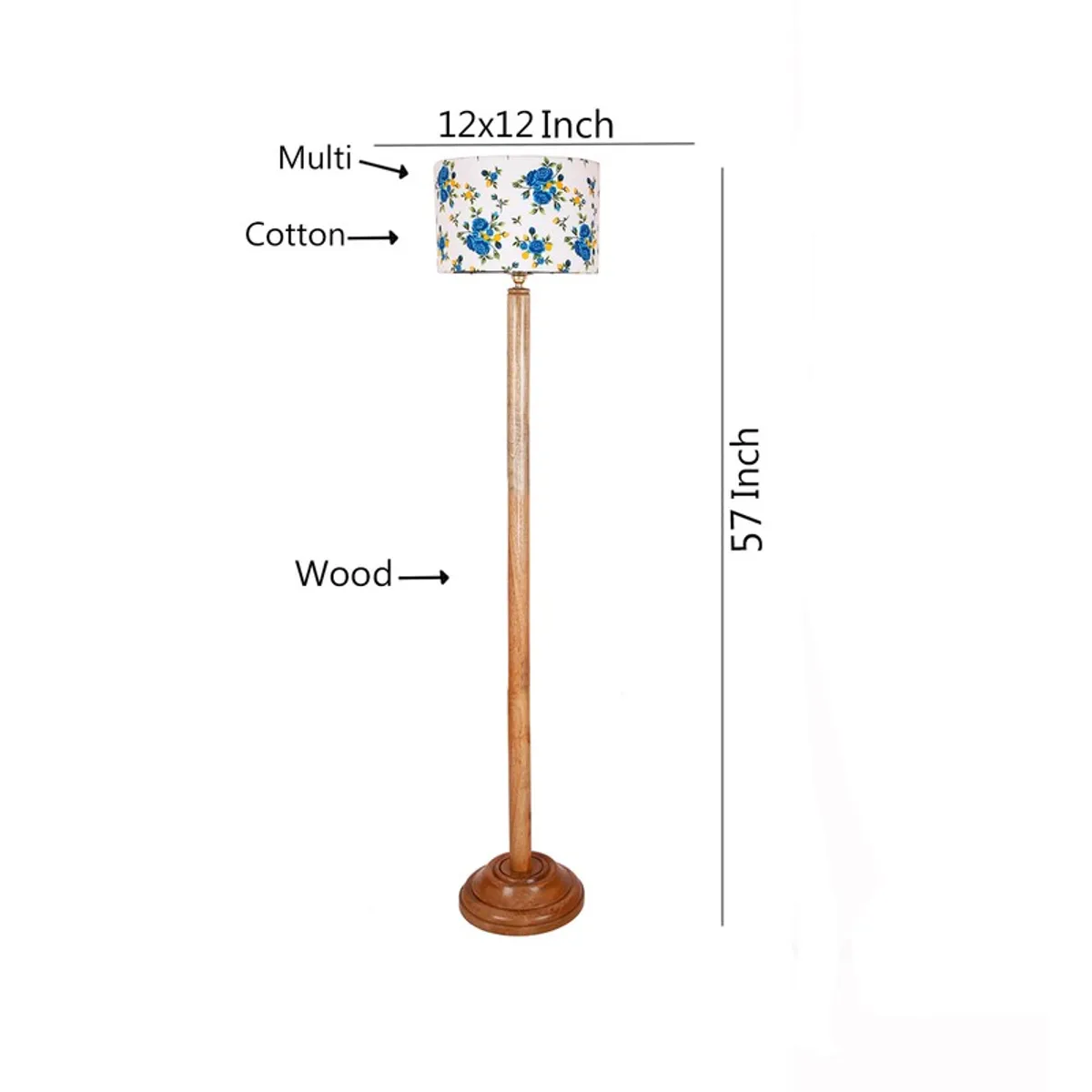 Wooden floor lamp with blue floral shade shown with dimension graphic