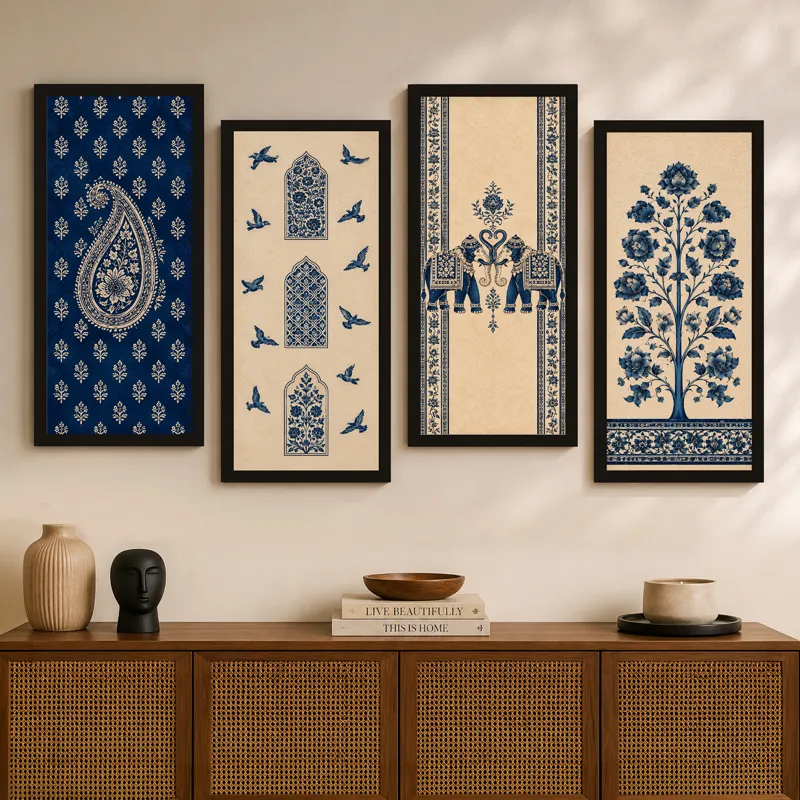 Four framed blue and cream heritage wall art pieces styled above a sideboard.