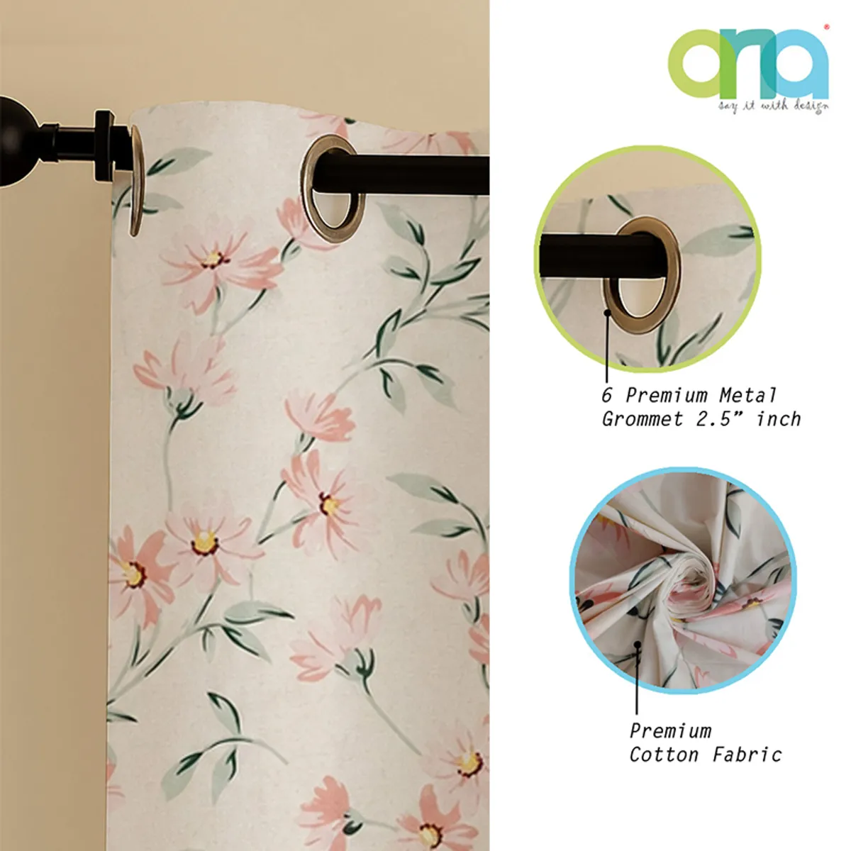 Close-up of floral curtain fabric and a metal eyelet