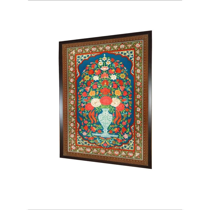 Angled view of framed Persian floral vase canvas wall painting