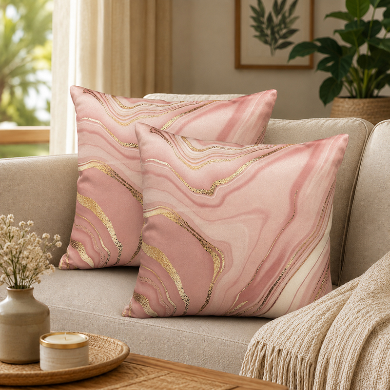 Marbled Swirl Printed Cushion Covers (Pink) - Set of Two - 16 x 16 Inches