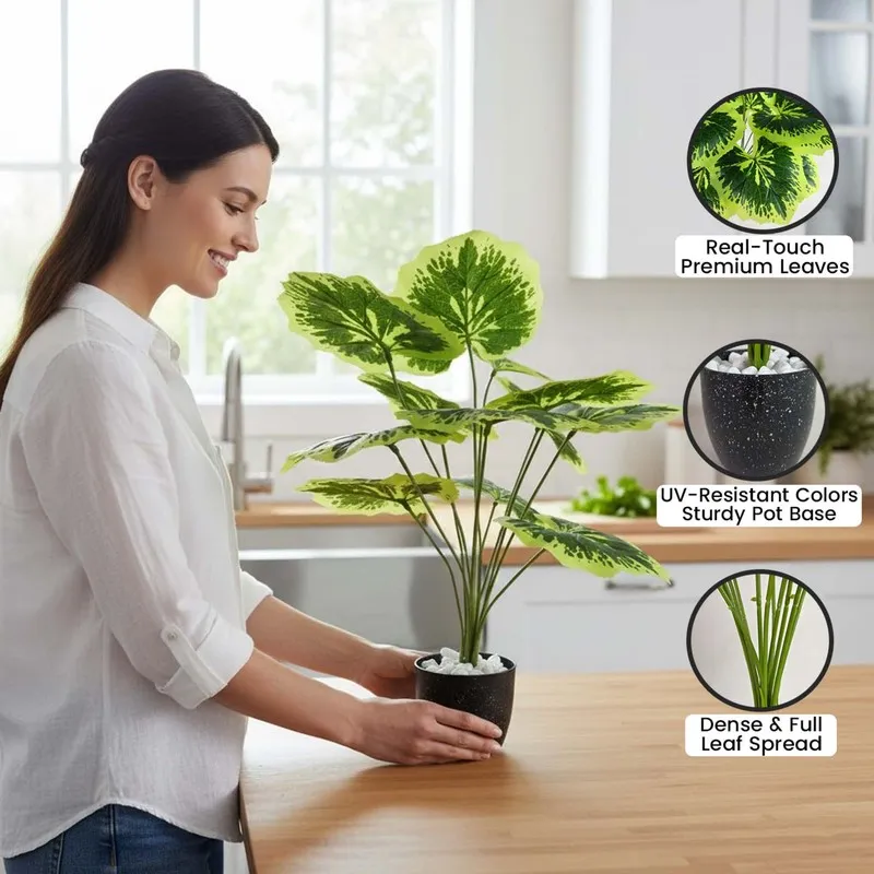 Person holding a green and yellow artificial plant with a black pot.