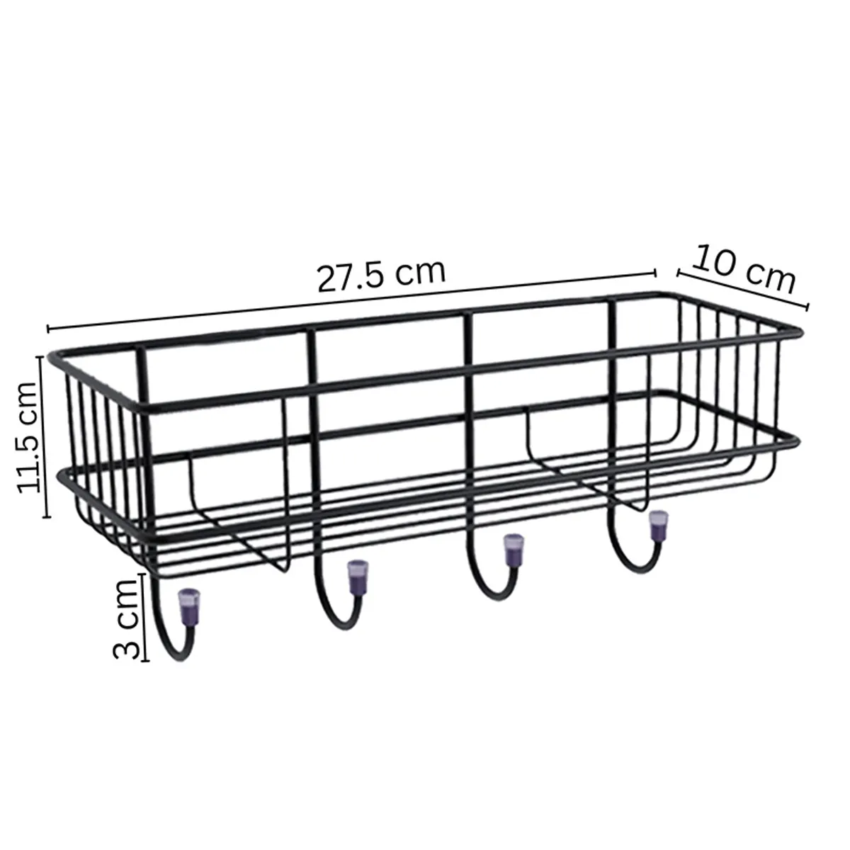 Black metal shelf with hooks and illustrated dimensions