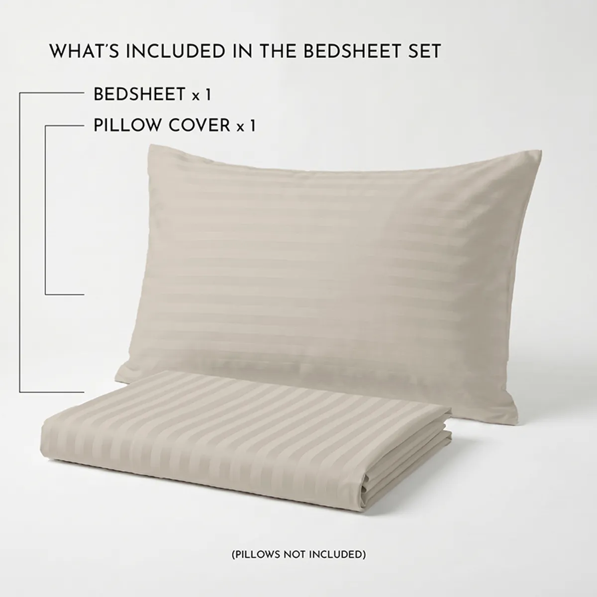Folded beige striped bedsheet and pillow cover shown together