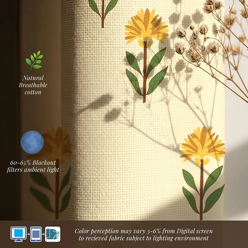 Close-up of woven ivory curtain with yellow floral print in sunlight