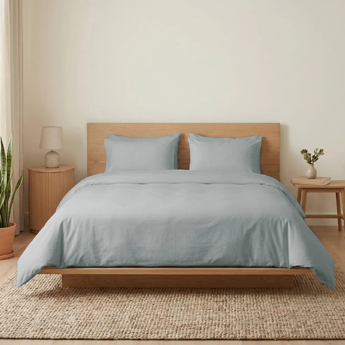 Front view of light grey duvet cover on a minimalist wooden bed
