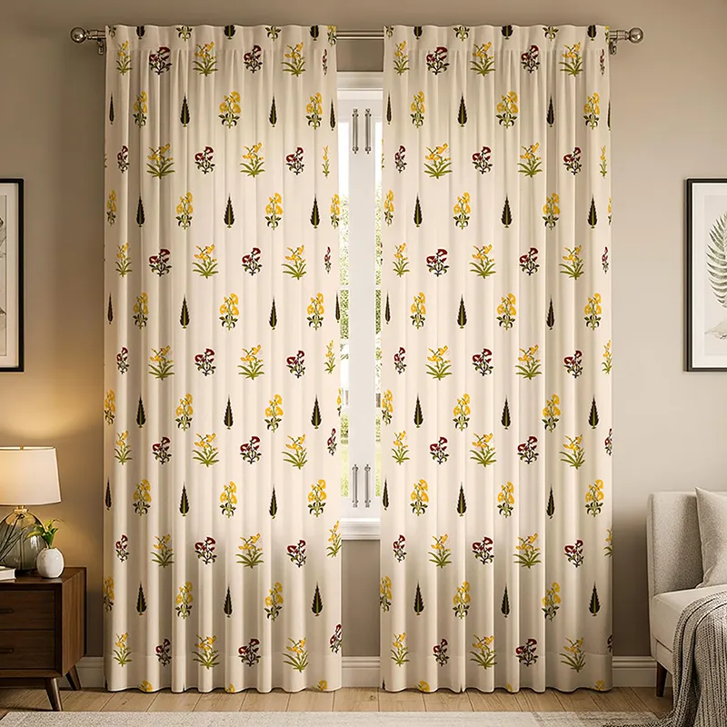 Set of printed floral curtains hanging over a living room window