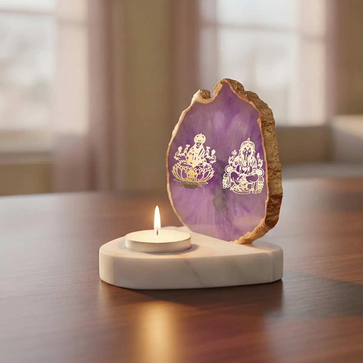 Purple agate Ganesha and Laxmi tealight holder styled on a tabletop