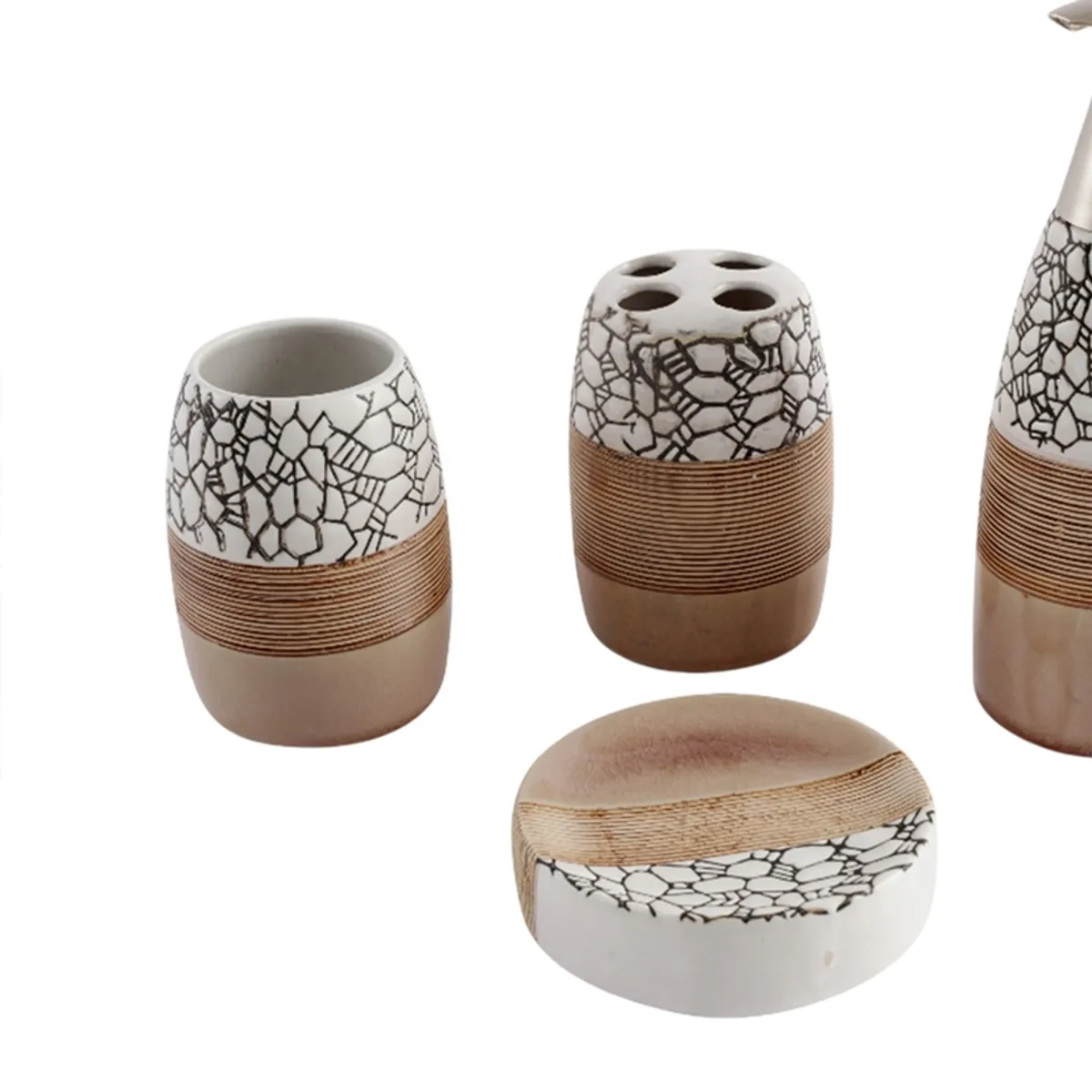 Close view of beige ceramic soap dish and toothbrush holder with crackle detailing