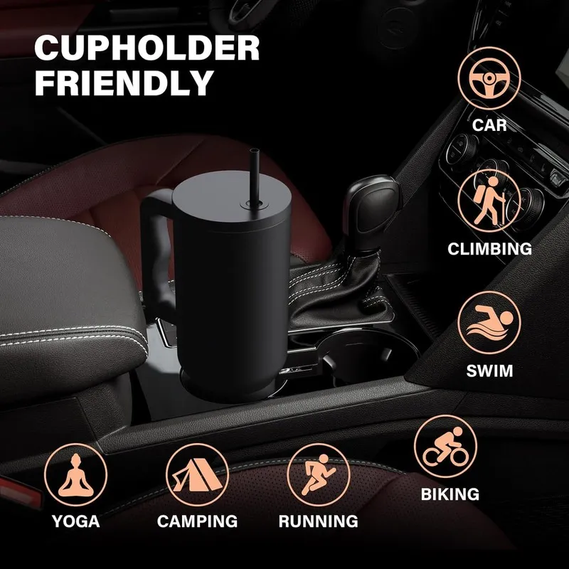 Black tumbler placed in a car cup holder