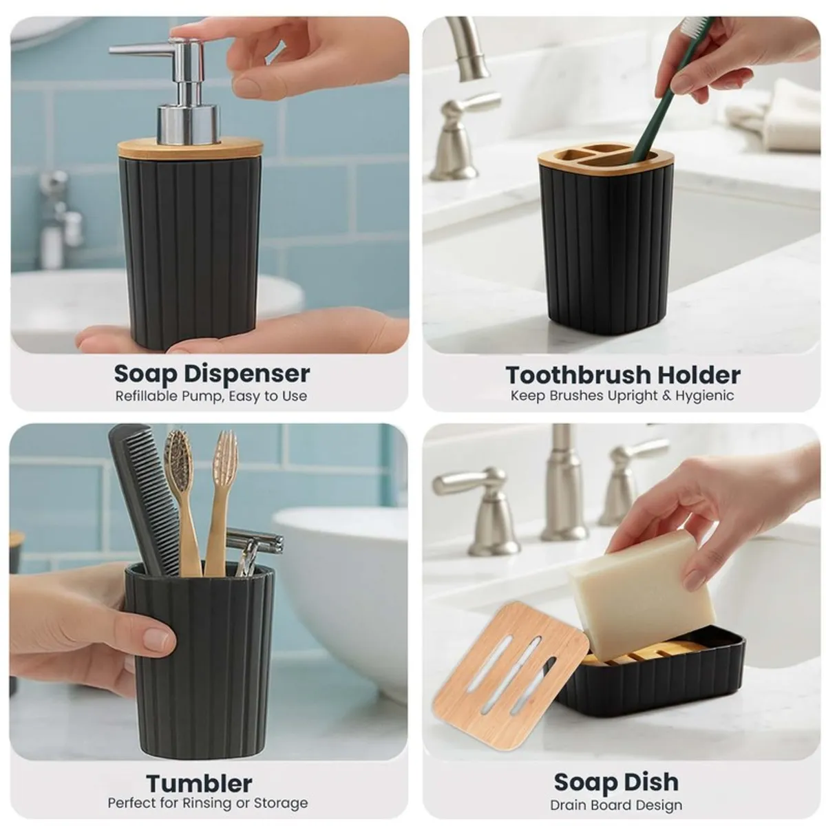 Close-up panels showing the soap dispenser, toothbrush holder, tumbler and soap dish.