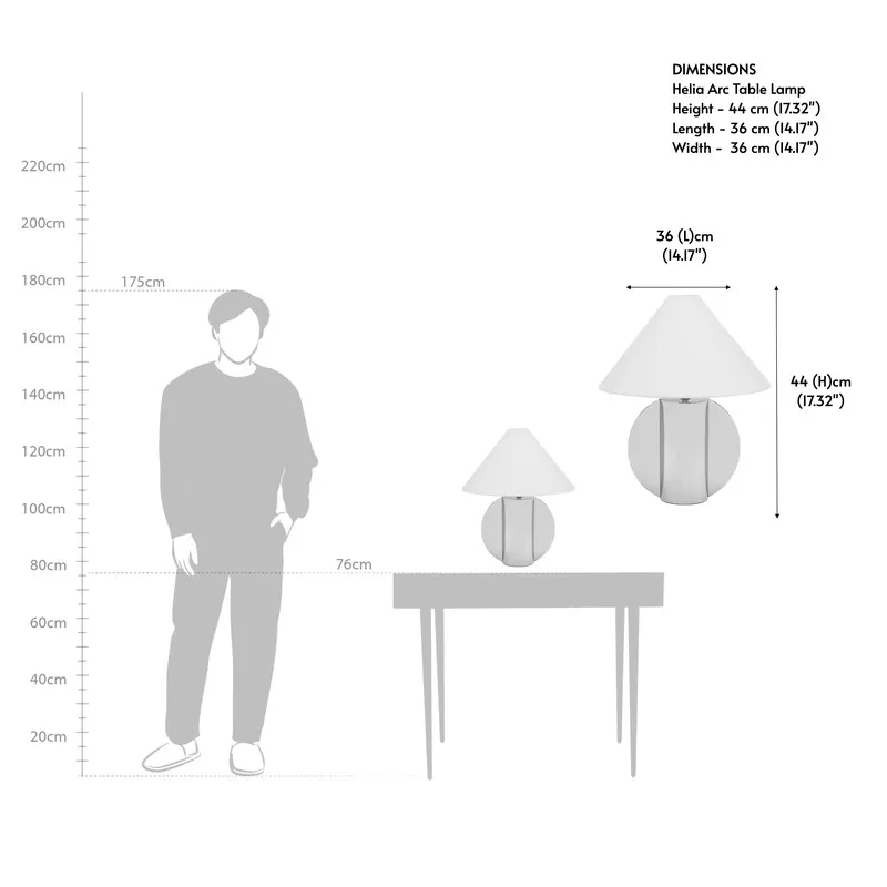 Size reference graphic for the table lamp with dimensions and scale figure